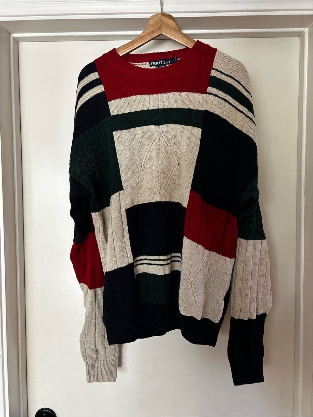 Nautica Red and Beige Colorblock Knit Sweater